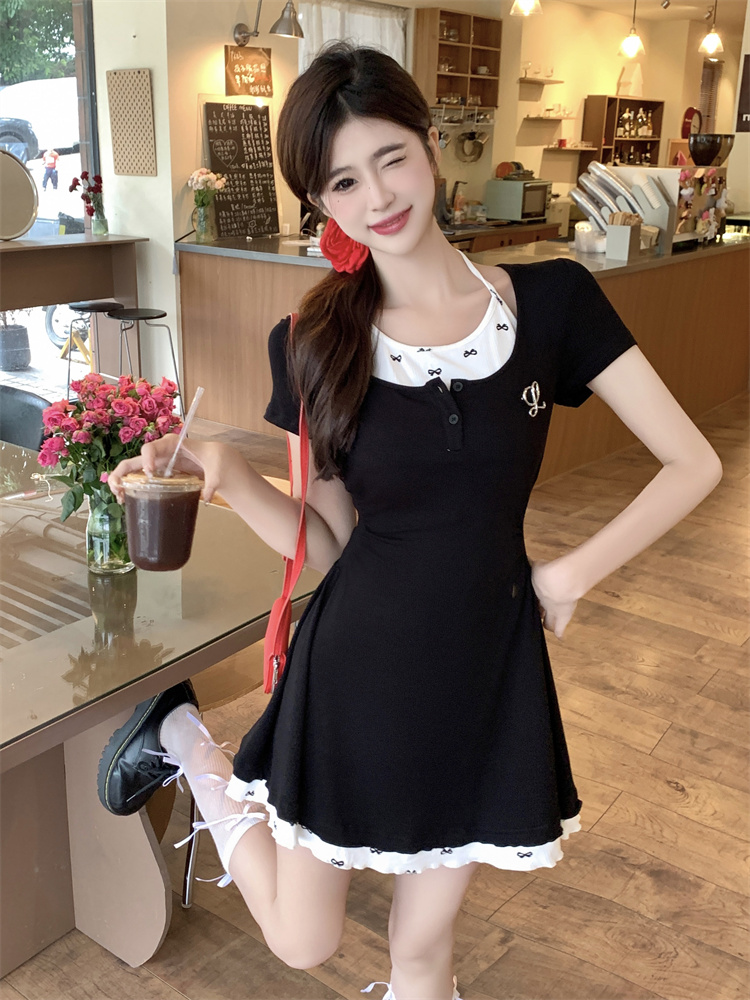 Women's Preppy JK Halter Short Dress with Cinched Waist and Slimming Fit