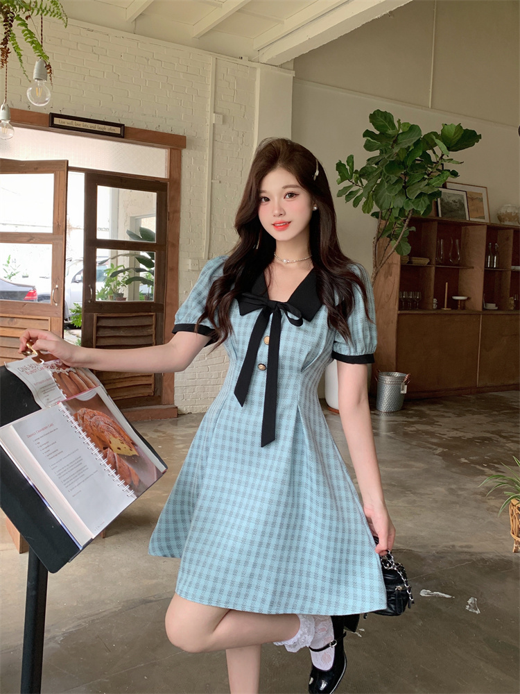 Blue Preppy Doll Collar Short Sleeve Plaid Dress Women Summer Sweet Design Slim Waist A Line Dress - Style a57c54 - Image 2