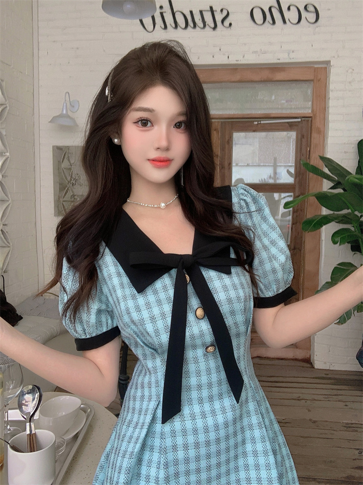 Blue Preppy Doll Collar Short Sleeve Plaid Dress Women Summer Sweet Design Slim Waist A Line Dress - Style a57c54 - Image 3