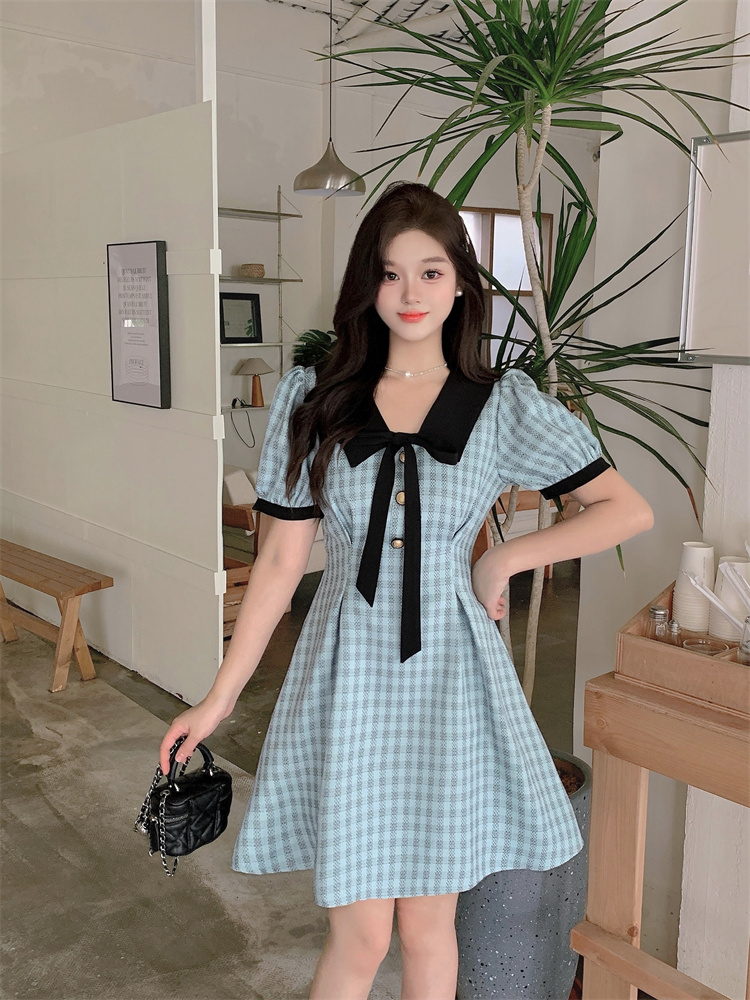 Blue Preppy Doll Collar Short Sleeve Plaid Dress Women Summer Sweet Design Slim Waist A Line Dress - Style a57c54 - Image 4