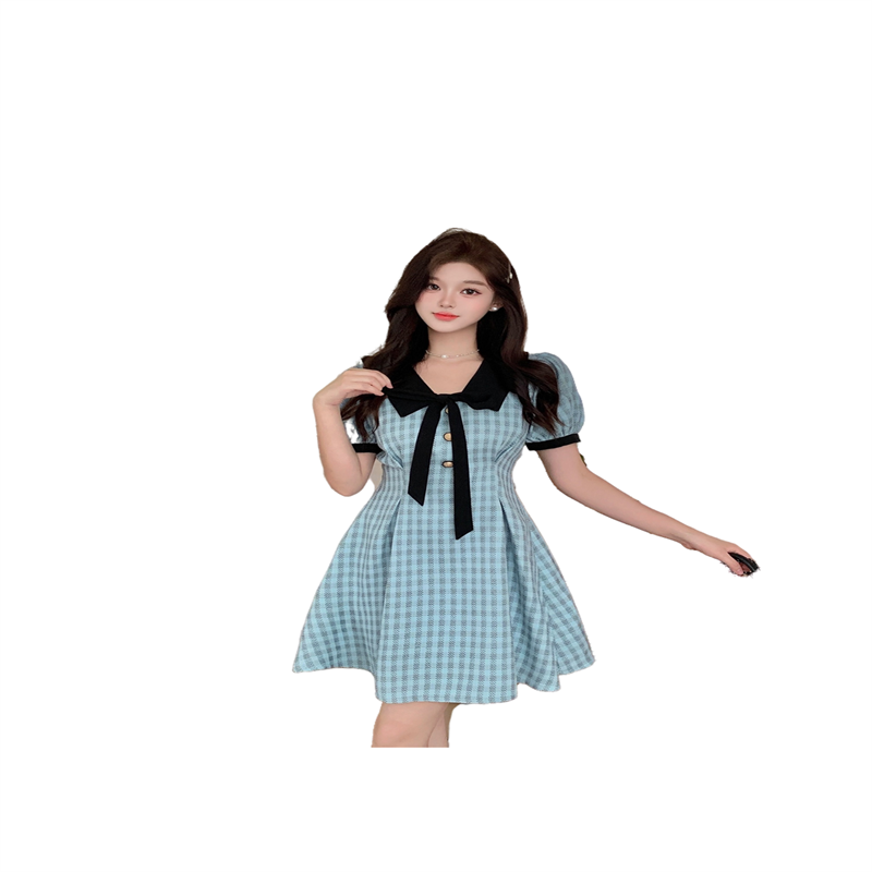 Blue Preppy Doll Collar Short Sleeve Plaid Dress Women Summer Sweet Design Slim Waist A Line Dress - Style a57c54 - Image 5
