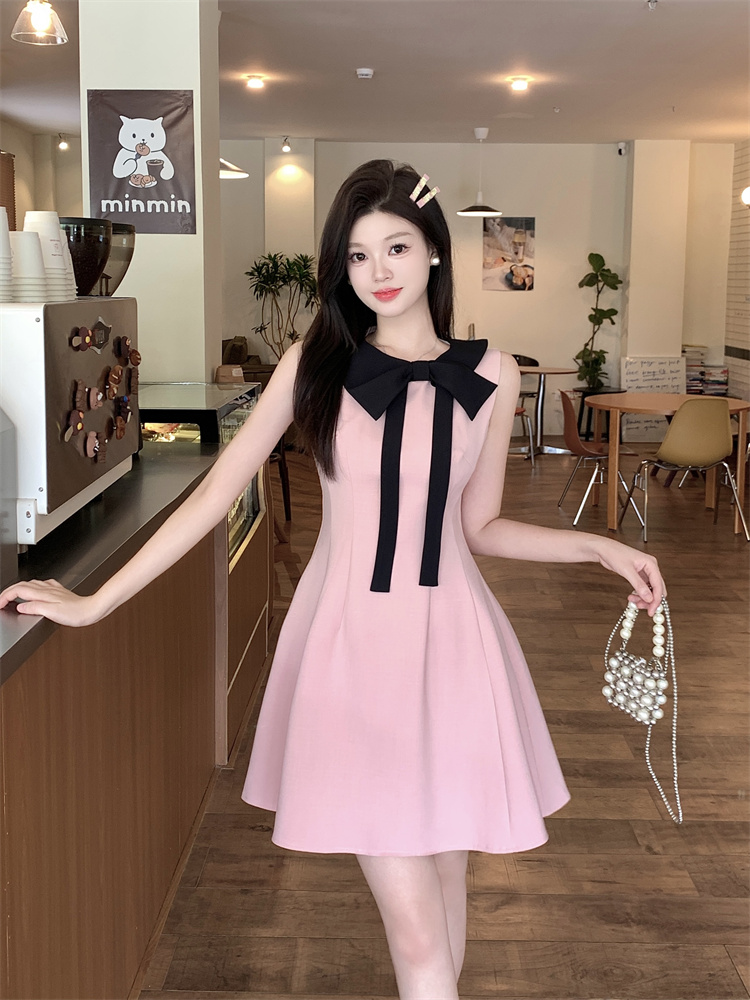 Pink Bow Halter Neck A-Line Short Dress for Women Summer French Style
