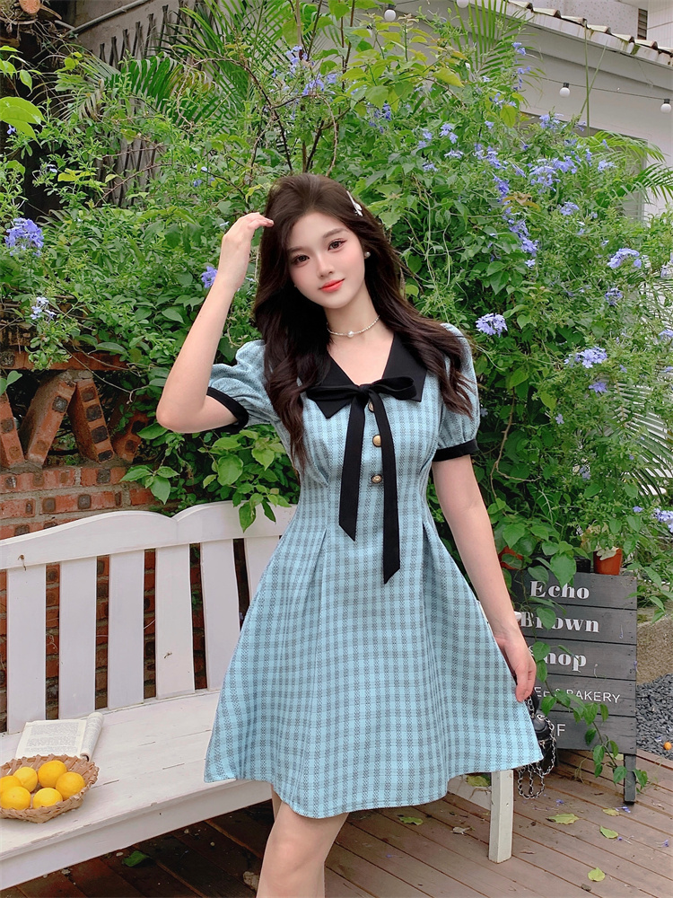 Blue Preppy Doll Collar Short Sleeve Plaid Dress Women Summer Sweet Design Slim Waist A Line Dress - Style a57c54