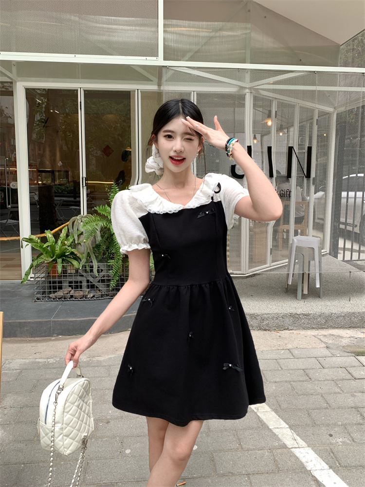 Plus Size Women's Elegant Bow Design Faux Two-Piece Slimming Dress - Style e4007b