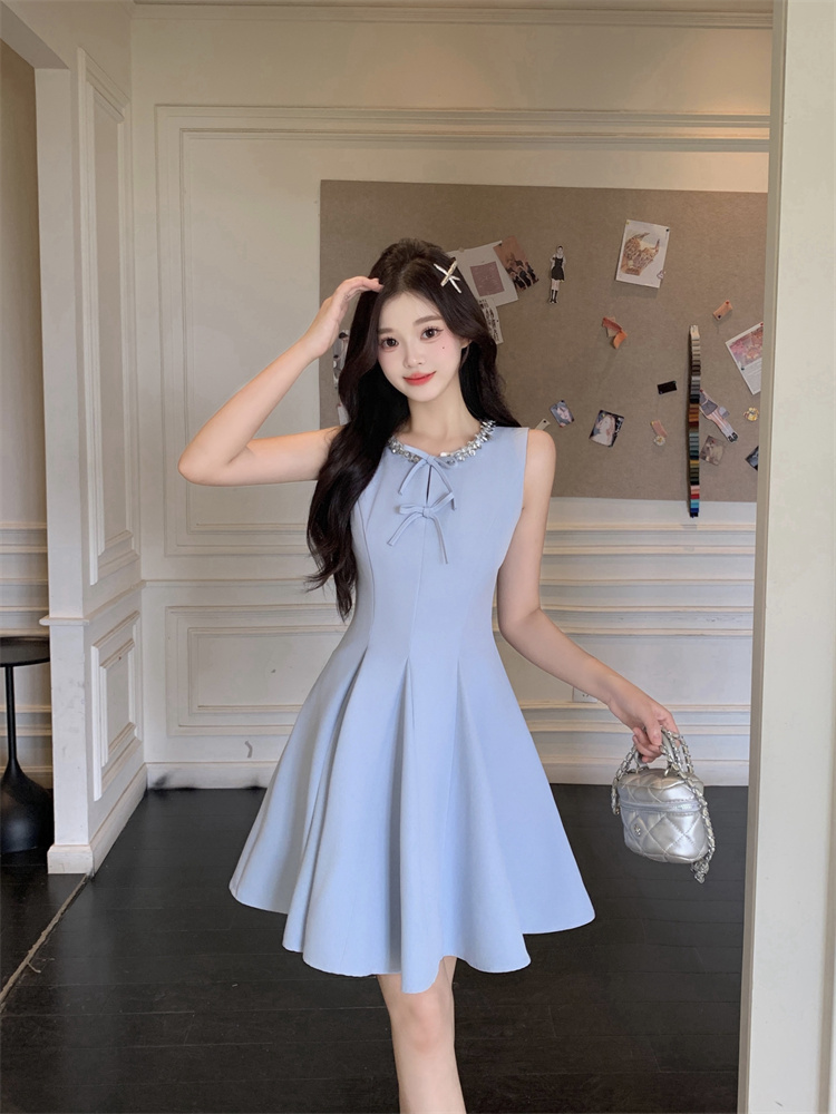 Blue Sleeveless Miu-Style Ruffle Umbrella Dress for Women Summer