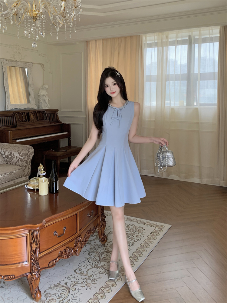 Blue Sleeveless Miu-Style Ruffle Umbrella Dress for Women Summer - Image 4