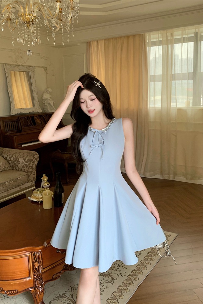 Blue Sleeveless Miu-Style Ruffle Umbrella Dress for Women Summer - Image 5