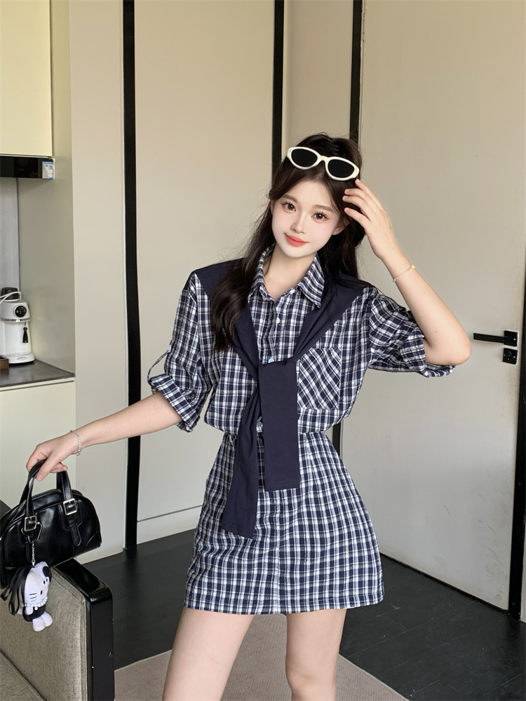 Women's Plaid Short Sleeve Shirt Dress with Contrast Cape Panel - Dark Blue Plaid