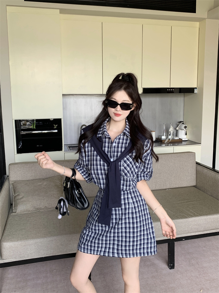 Women's Plaid Short Sleeve Shirt Dress with Contrast Cape Panel - Dark Blue Plaid - Image 2