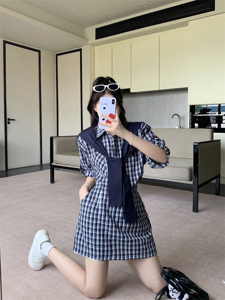 Women's Plaid Short Sleeve Shirt Dress with Contrast Cape Panel - Dark Blue Plaid - Image 3