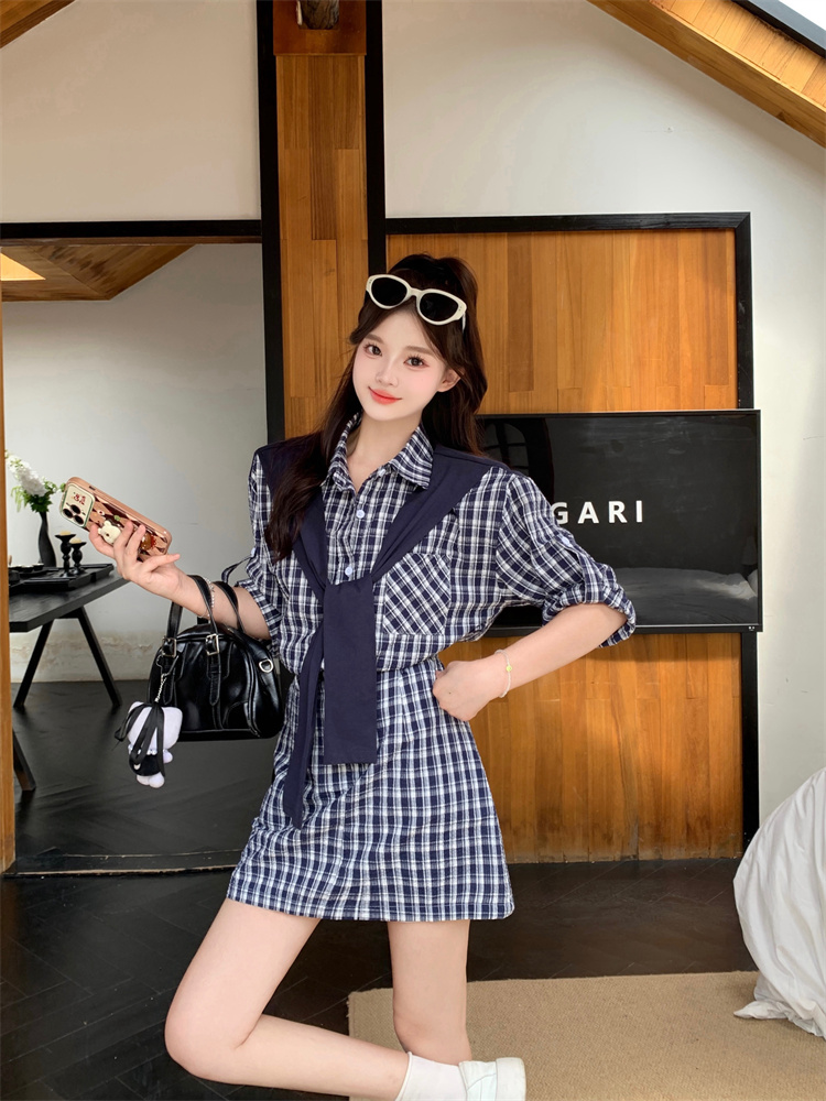 Women's Plaid Short Sleeve Shirt Dress with Contrast Cape Panel - Dark Blue Plaid - Image 4