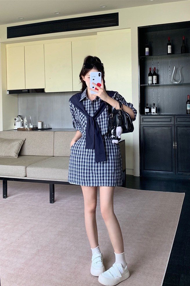 Women's Plaid Short Sleeve Shirt Dress with Contrast Cape Panel - Dark Blue Plaid - Image 5