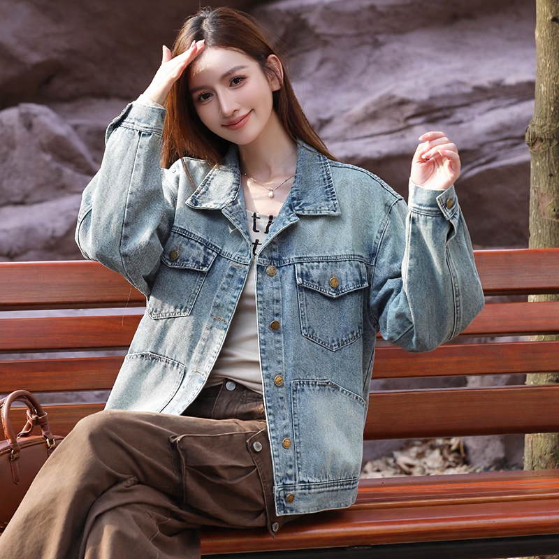 Women's Loose Fit Denim Jacket Korean Style Casual Button Front