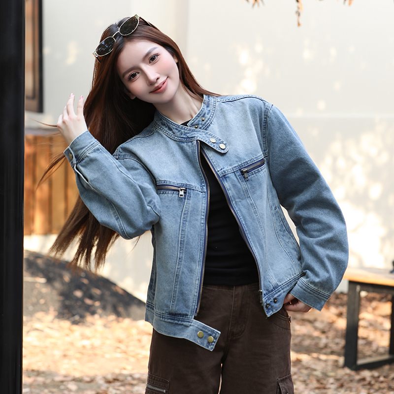 Women's Vintage Stand Collar Denim Jacket Korean Style Loose Fit
