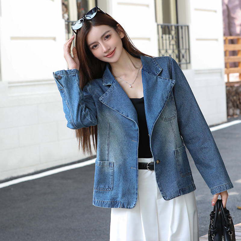 Women's Blue Denim Blazer Jacket Korean Style Long Sleeve Fall 2025