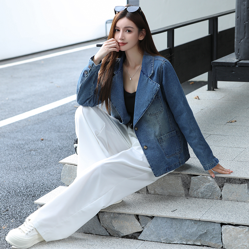 Women's Blue Denim Blazer Jacket Korean Style Long Sleeve Fall 2025 - Image 3