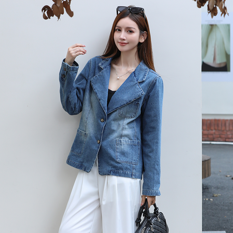 Women's Blue Denim Blazer Jacket Korean Style Long Sleeve Fall 2025 - Image 4