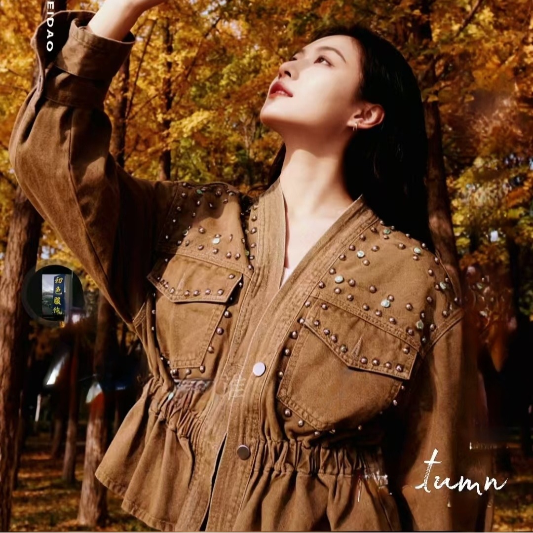 Women's Korean Style V-Neck Beaded Denim Jacket with Waist Fit - Image 4