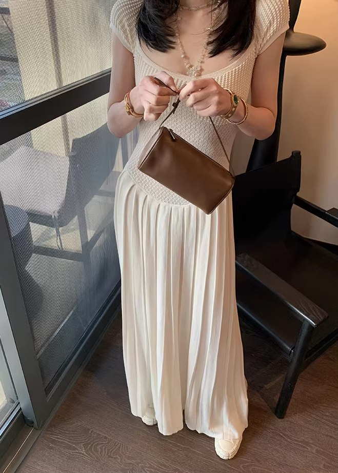 Women's Square Neck Dress in Cream White Knitted Viscose Summer 2026