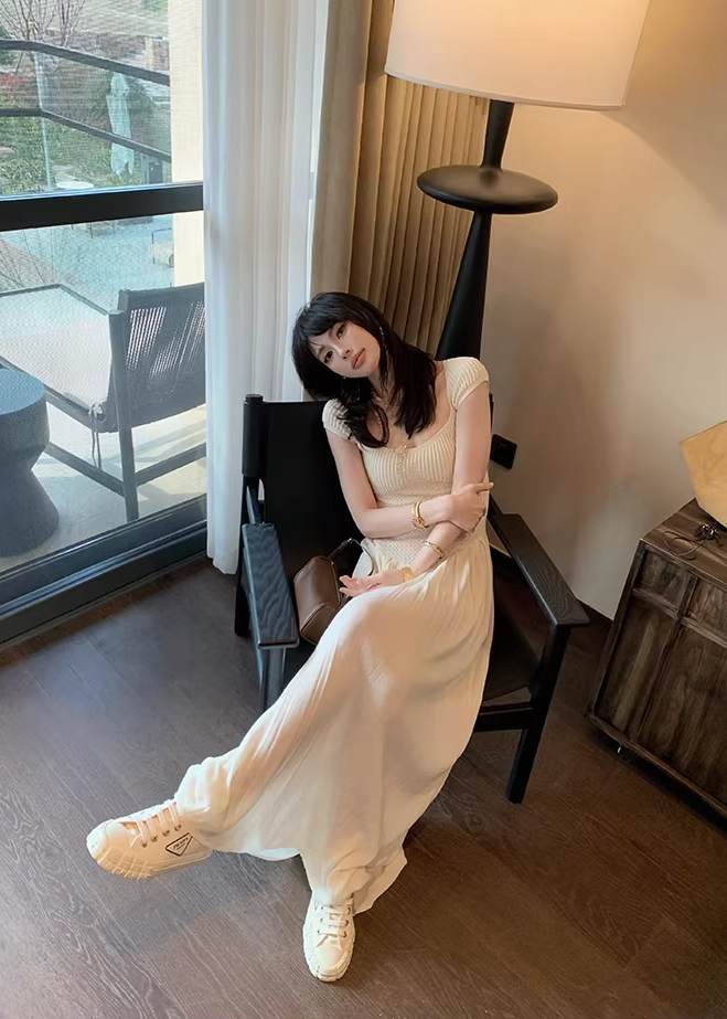 Women's Square Neck Dress in Cream White Knitted Viscose Summer 2026 - Image 3