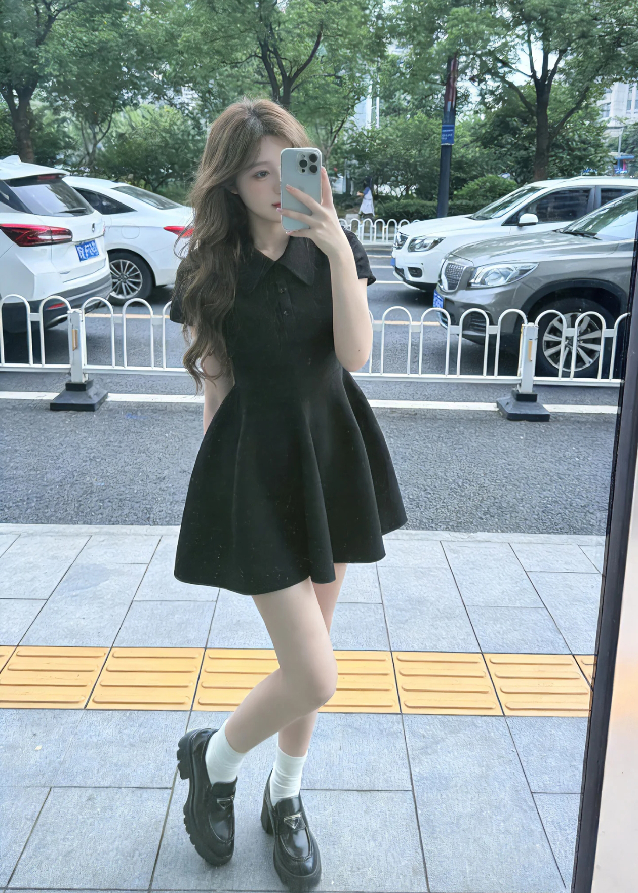 Women's Shirt Collar Stretch Babydoll Dress Cinched Waist Slimming Puff A-Line Black Short Dress