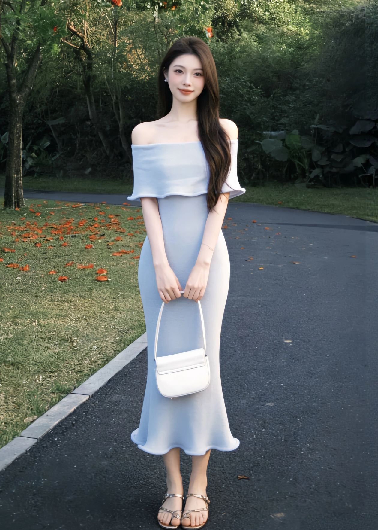 Off-Shoulder Midi Knit Dress with Wavy Hem and Rolled Edge