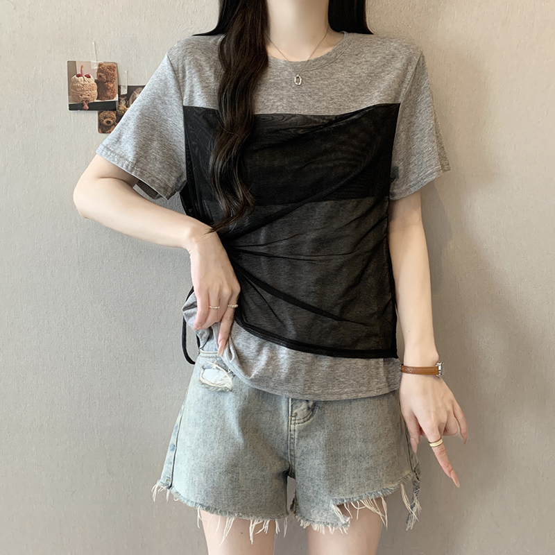 2026 Summer Plus Size Women's Short Sleeve T-Shirt with Mesh Splicing and Drawstring - Style f80b51 - Image 2