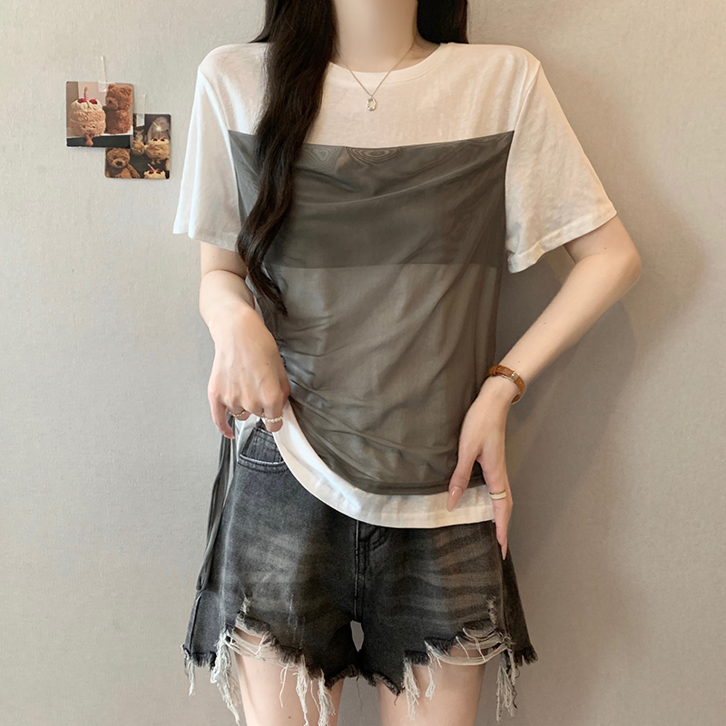 2026 Summer Plus Size Women's Short Sleeve T-Shirt with Mesh Splicing and Drawstring - Style f80b51 - Image 3