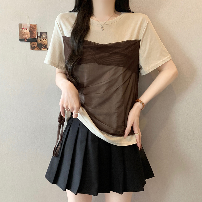 2026 Summer Plus Size Women's Short Sleeve T-Shirt with Mesh Splicing and Drawstring - Style f80b51 - Image 4