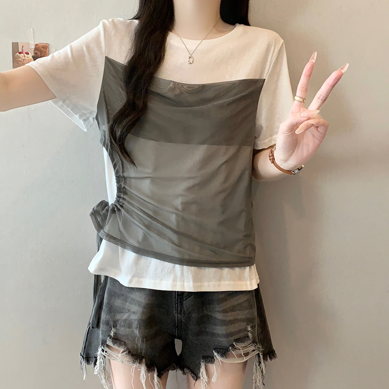 2026 Summer Plus Size Women's Short Sleeve T-Shirt with Mesh Splicing and Drawstring - Style f80b51 - Image 5