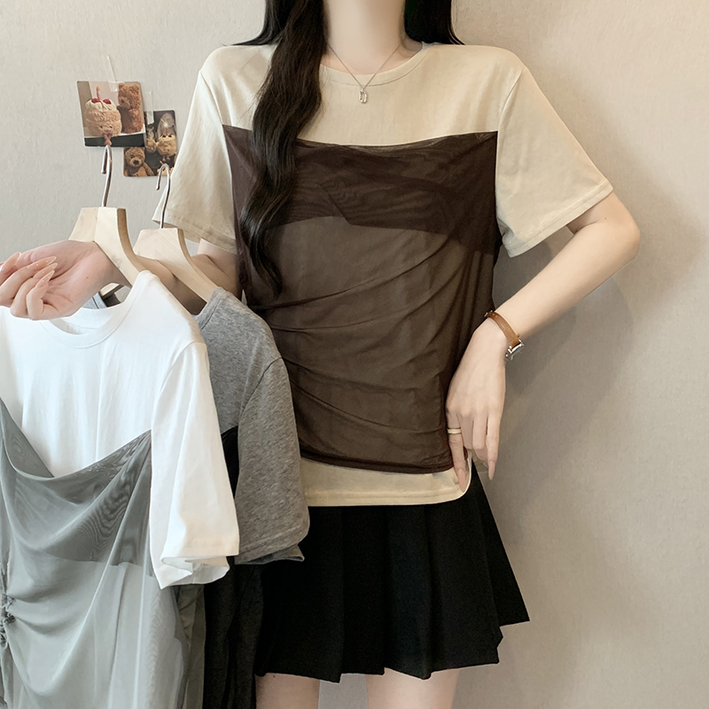 2026 Summer Plus Size Women's Short Sleeve T-Shirt with Mesh Splicing and Drawstring - Style f80b51
