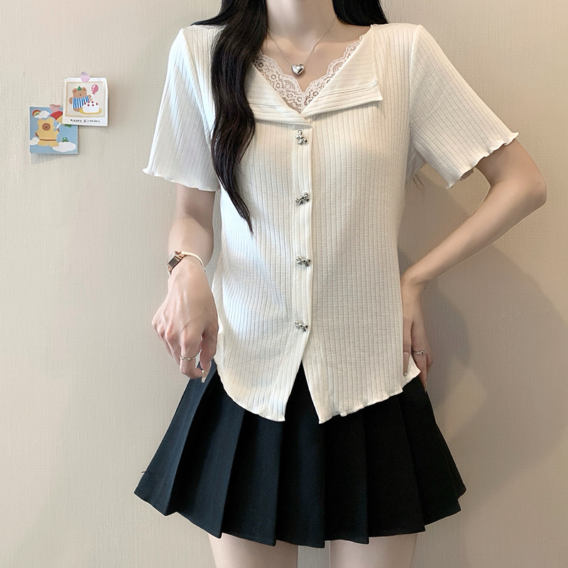 Plus Size Korean Sweet Lace Trim Short Sleeve Top 2026 Summer - Style 696cfe - Image 2