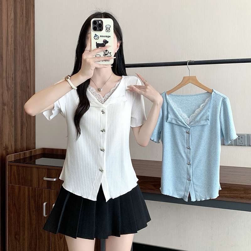 Plus Size Korean Sweet Lace Trim Short Sleeve Top 2026 Summer - Style bcf828