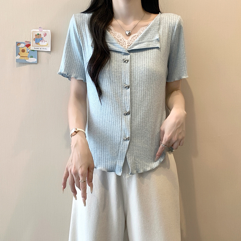 Plus Size Korean Sweet Lace Trim Short Sleeve Top 2026 Summer - Style 696cfe - Image 3