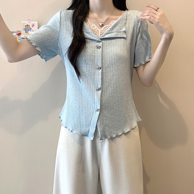 Plus Size Korean Sweet Lace Trim Short Sleeve Top 2026 Summer - Style 696cfe - Image 5