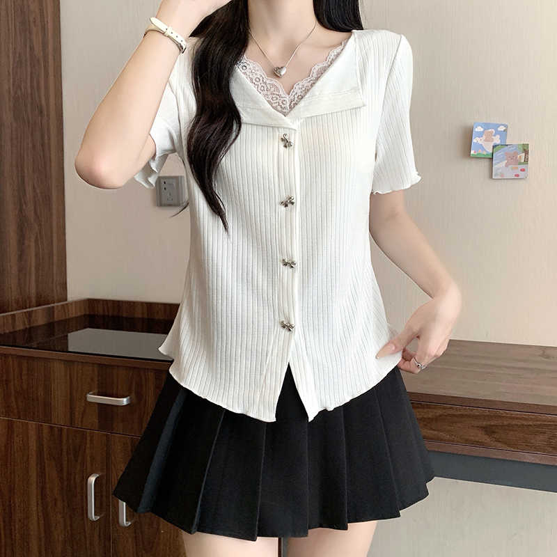 Plus Size Korean Sweet Lace Trim Short Sleeve Top 2026 Summer - Style 696cfe - Image 4