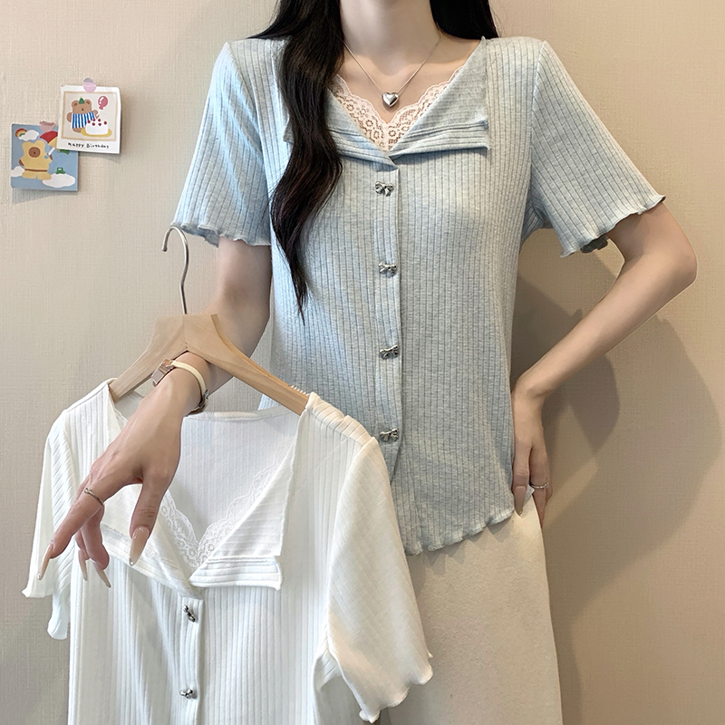 Plus Size Korean Sweet Lace Trim Short Sleeve Top 2026 Summer - Style 696cfe