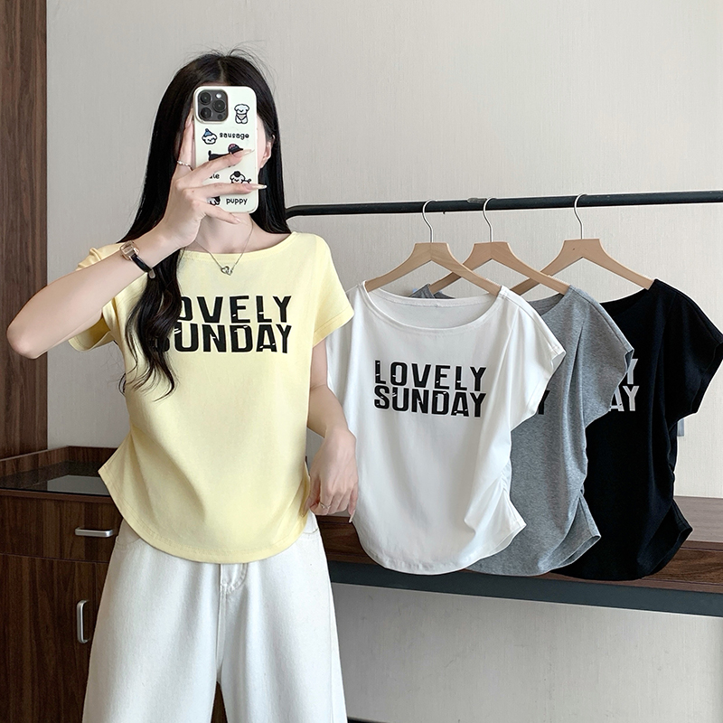 2026 Summer Plus Size Women's Korean Style Letter Print Flutter Sleeve Short Sleeve T-Shirt