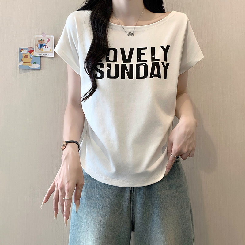 2026 Summer Plus Size Women's Korean Style Letter Print Flutter Sleeve Short Sleeve T-Shirt - Image 2