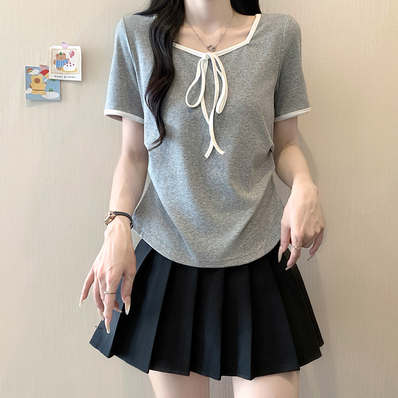 Plus Size Women's Summer 2026 Color Block Bow Tie Waist Short Sleeve T-Shirt - Image 4