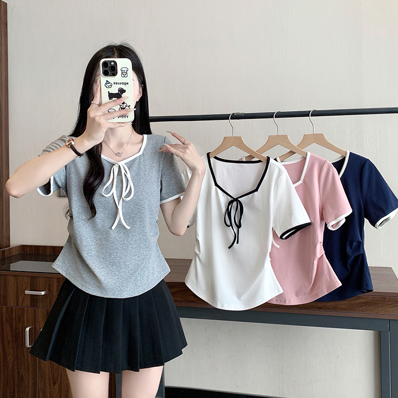 Plus Size Women's Summer 2026 Color Block Bow Tie Waist Short Sleeve T-Shirt