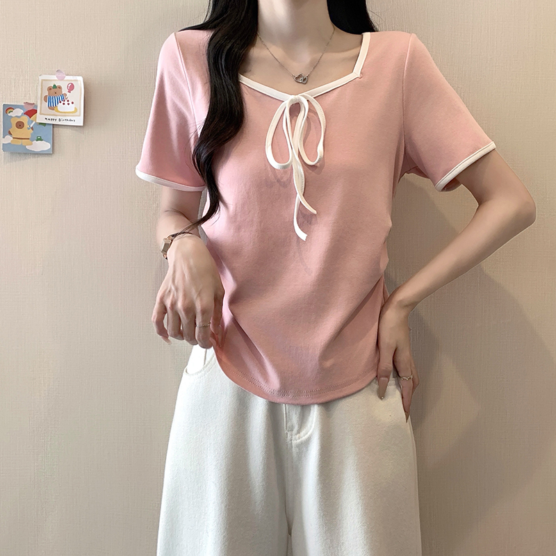 Plus Size Women's Summer 2026 Color Block Bow Tie Waist Short Sleeve T-Shirt - Image 2