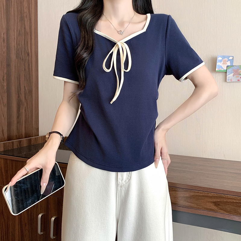 Plus Size Women's Summer 2026 Color Block Bow Tie Waist Short Sleeve T-Shirt - Image 3