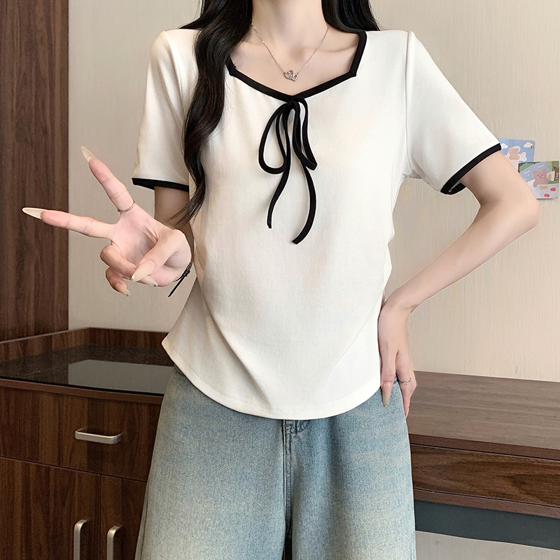 Plus Size Women's Summer 2026 Color Block Bow Tie Waist Short Sleeve T-Shirt - Image 5