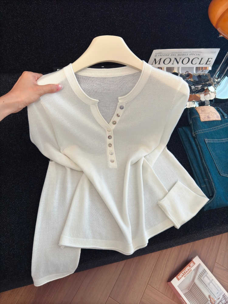 Women's Two-Way Long Sleeve Slimming Knit Top Sexy Half-Open Neck Early Autumn New