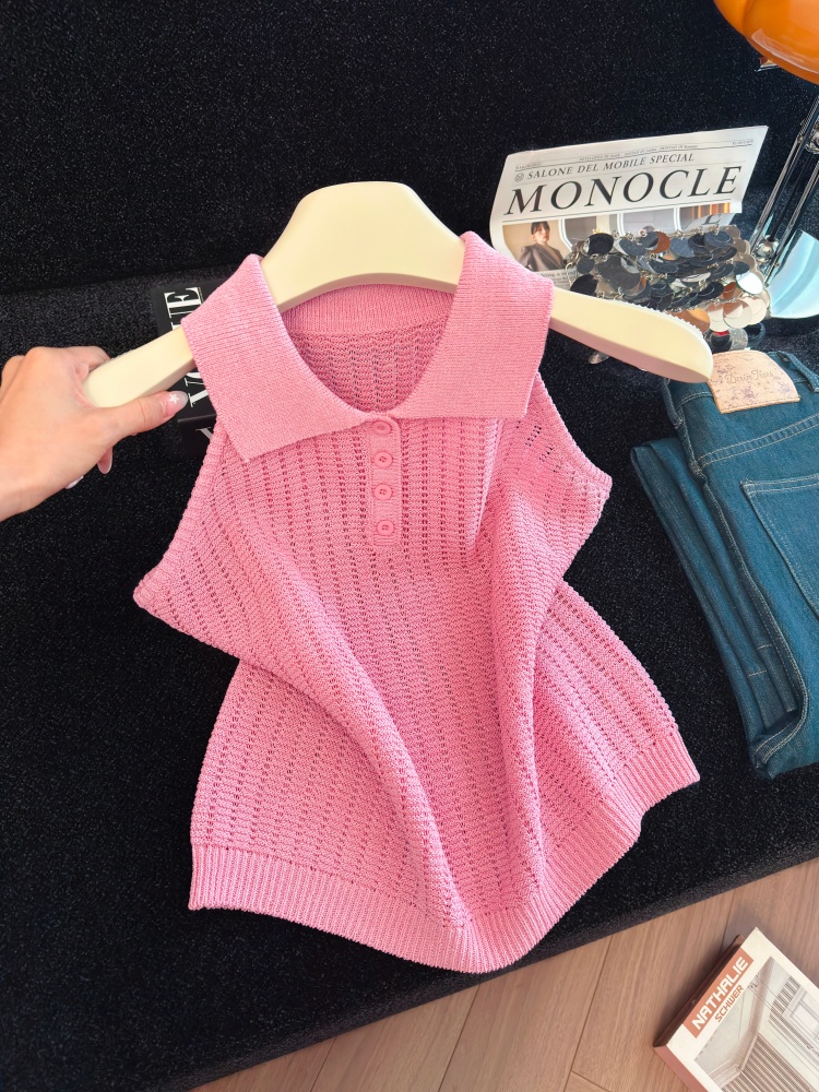Women's Thick Knit Polo Neck Vest Sleeveless Button Front Retro Style Top