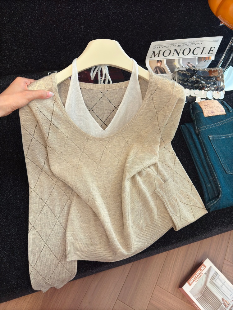 Women's Faux Two-Piece Tie Knit Top Slimming Long Sleeve Halter Neck - Image 2