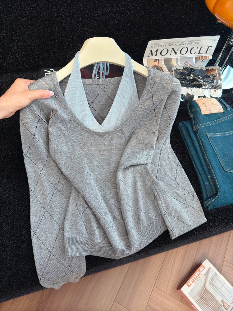 Women's Faux Two-Piece Tie Knit Top Slimming Long Sleeve Halter Neck