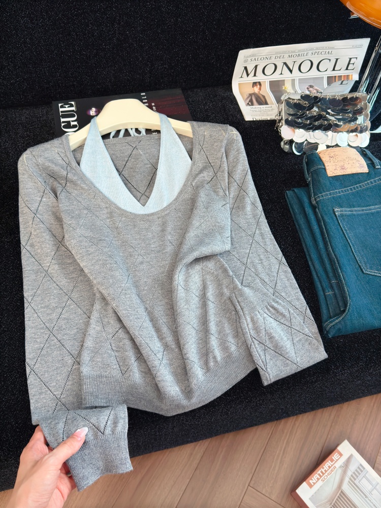 Women's Faux Two-Piece Tie Knit Top Slimming Long Sleeve Halter Neck - Image 3
