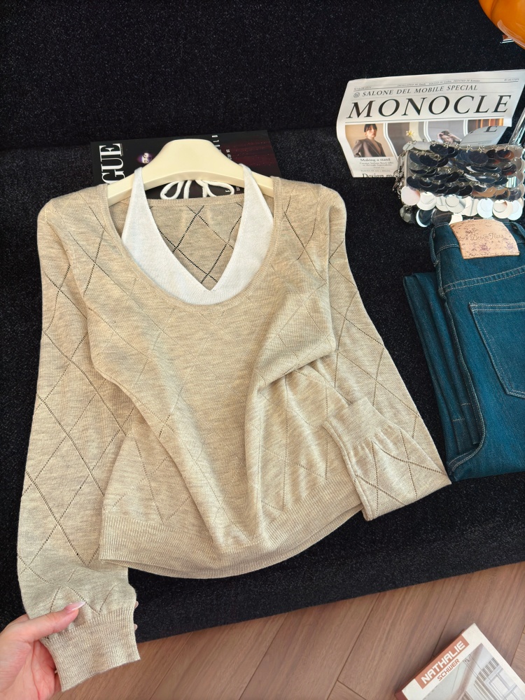 Women's Faux Two-Piece Tie Knit Top Slimming Long Sleeve Halter Neck - Image 4